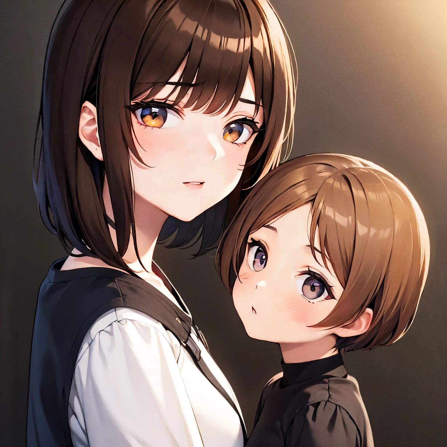 1 small boy, 1 very tall girl, kissing, side view,