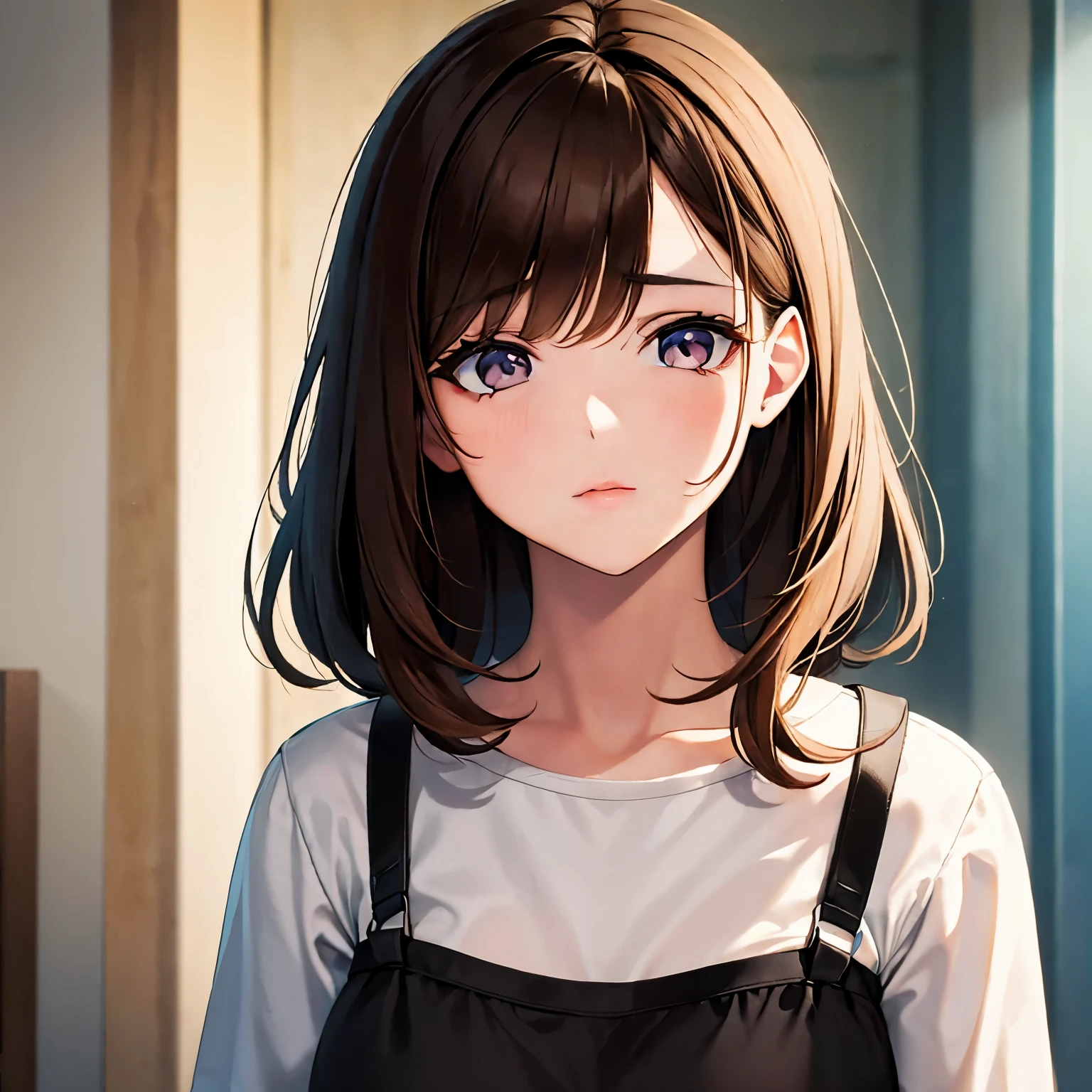 A short girl with brown hair, ojos marrones, nariz chata, labios gruesos