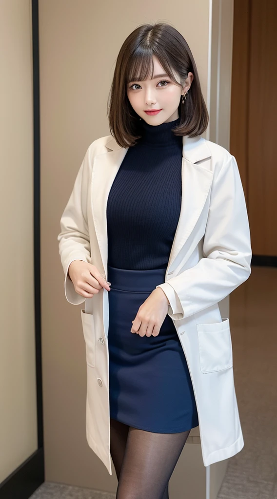 masutepiece, Best Quality, Illustration, Ultra-detailed, finely detail, hight resolution, 8K Wallpaper, Perfect dynamic composition, Beautiful detailed eyes, short bob, mid-chest, Natural Color Lip, Random and sexy poses,Smile,26 years girl、Colossal tits、Examination room、Red High-Neck Sweater: A cozy red sweater with a high neckline, perfect for chilly days. It adds warmth and style to your ensemble. Navy Blue Pencil Skirt: A classic and elegant choice. The pencil skirt typically falls just below the knee, creating a flattering silhouette1. Sheer Stockings: These delicate stockings add a touch of sophistication. They’re lightweight and perfect for pairing with skirts or dresses.doctor coat Blue High-Heeled Shoes: Elevate your look with blue high-heeled shoes. They elongate your legs and add a polished touch. Brown Hair: Your natural hair color complements the overall outfit. It’s versatile and goes well with various styles. White Coat (Like a Doctor): The white coat adds a professional touch, reminiscent of a doctor’s attire. It’s a symbol of authority and expertise.