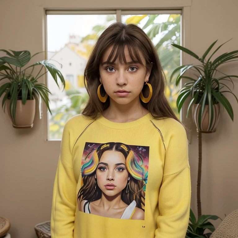 A with a slim build, tono de piel ligeramente bronceado un poco amarillo, rostro ovalado, cejas delgadas, slightly curved dark brown hair with butterfly fringe, Brown eyes, labios un poco gruesos, estatura promedio, con una blusa de manga larga color amarillo ajustada y una falda color beige, She is also wearing a colorful sweater and is wearing large sun earrings., is in a room with many plants, con una ventana grande en donde pasan rayos de sol, en las paredes hay dibujos y pinturas coloridos, There are also several posters for movies and musicals such as La La Land