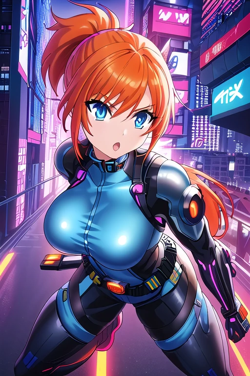 1girl ((32year old, dressed in a tight futuristic sci-fi bodysuit, utility belt, boots, medium breasts, short orange hair, pony tail styled hair, perfect model body:1.3, detailed blue eyes:1.5)) attack action, face close-up, action with impact, full body, perspective composition, exaggerated composition, perfect composition, perfect eyes, large perspective, dynamic composition, dreamy cyberpunk girl, anime cyberpunk art, digital cyberpunk - anime art, cyberpunk anime girl, digital cyberpunk anime art, cyberpunk, cyberpunk anime art, cyberpunk vibe, cyberpunk art style, background is city, neon, night