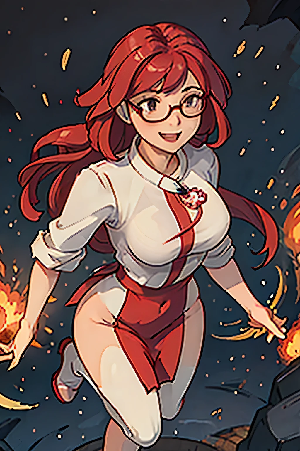 (((masterpiece))), (((best quality))), illustration, single character, game character, rpg character, female character, female athletic woman. red LONG dress with golden details and lines. open leg long dress. big pink round glasses. medium breasts. wide hips. perky butt. up turned hips. medium wavy hair . redwine-colored hair, brown eyes, happy face expression. laughing smile. full body view. explosion background, flat color background, anime character, 8k, awesome quality
