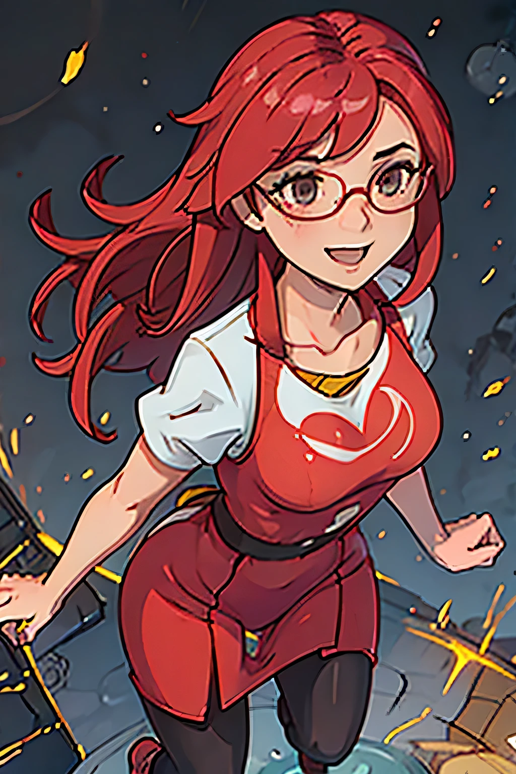 (((masterpiece))), (((best quality))), illustration, single character, game character, rpg character, female character, female athletic woman. red LONG dress with golden details and lines. open leg long dress. big pink round glasses. medium breasts. wide hips. perky butt. up turned hips. medium wavy hair . redwine-colored hair, brown eyes, happy face expression. laughing smile. full body view. explosion background, flat color background, anime character, 8k, awesome quality
