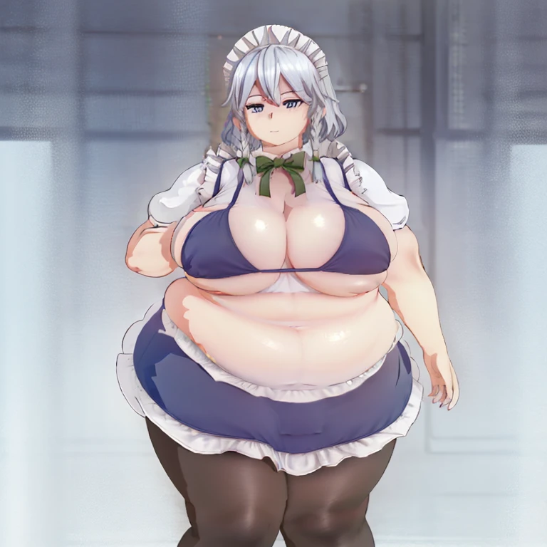 1girl, top-heavy figure, ((((incredibly big ?????)))), ((((big ????)))), (((saggy ?????))), plump, incredibly plump, (big belly), pout, embarassed, wide, (((obese))), (((fat))), ((love handles)), double chin, out of shape, obese, fatty, shortstack, short woman, (((big bossom))), (milf), small height, mature, standing, full body, bbw, ssbbw,  Sakuya Iazyoi (Touhou), silver short hair, black ??????, pantyhose