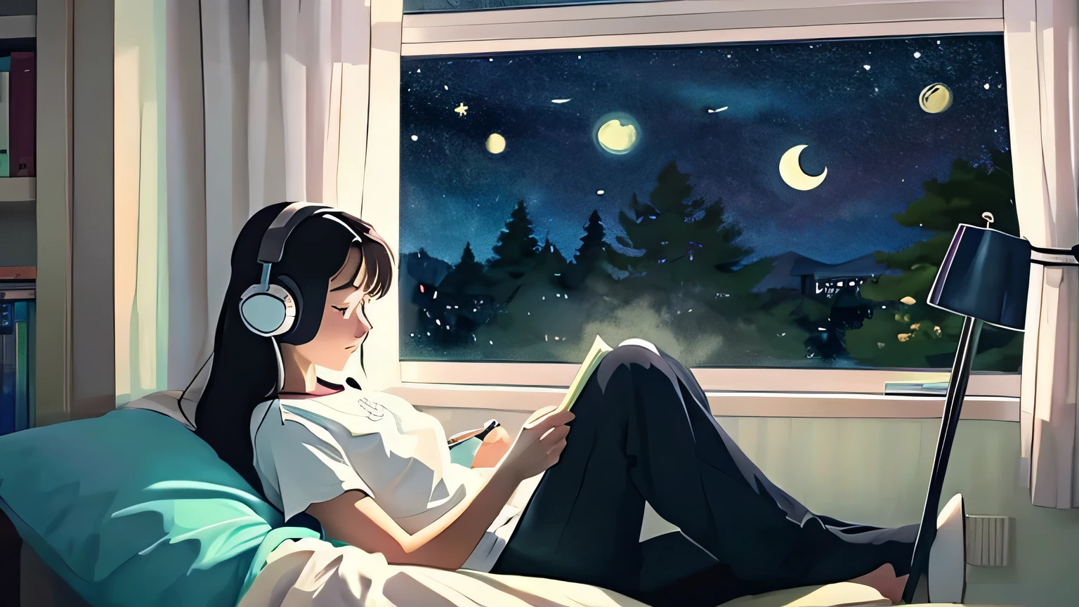 With Ghibli-style touch illustrations、A college girl listens to music with headphones on、It depicts me sitting on a sofa and studying on my laptop.。There&#39;s a kitten in the room, and the night sky spreads out by the window.、soft shine、There is soft lighting、In the upper right"LOFI"There is a letter that says