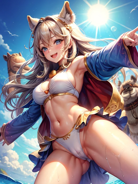 Beautiful wizard girl, fit clothes, ((camel toe)), wet, high quality, large breasts , fitting white bikini, happy face,