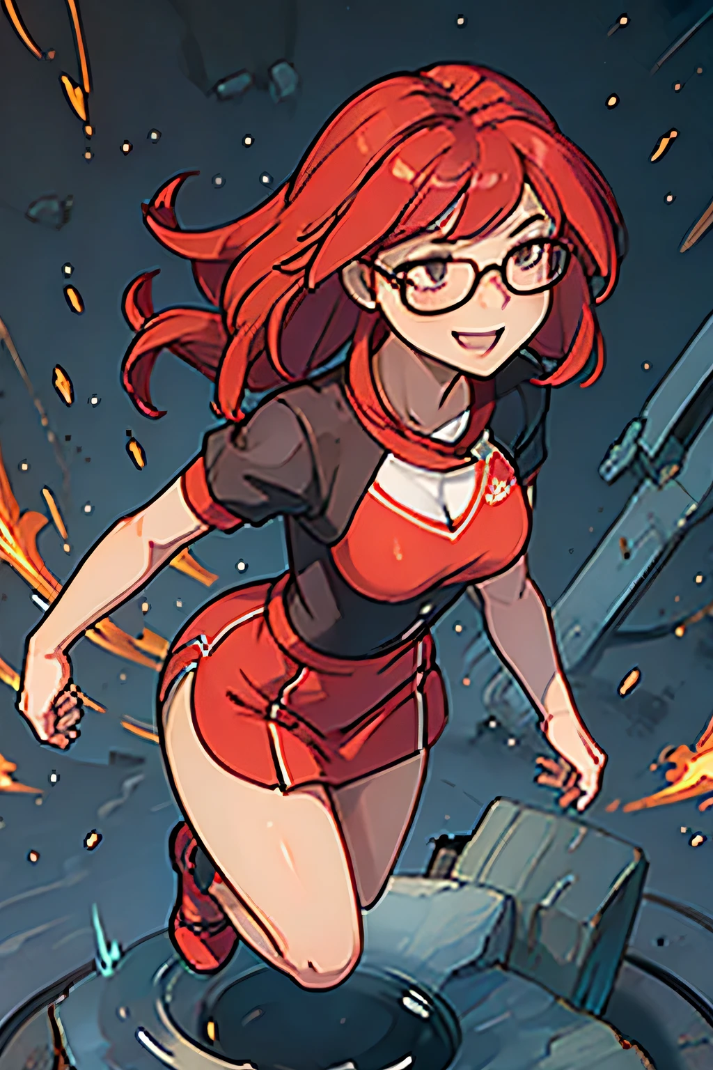 (((masterpiece))), (((best quality))), illustration, single character, game character, rpg character, female character, female athletic woman. red LONG dress with golden details and lines. open leg long dress. big pink round glasses. medium breasts. wide hips. perky butt. up turned hips. medium wavy hair . redwine-colored hair, brown eyes, happy face expression. laughing smile. full body view. explosion background, flat color background, anime character, 8k, awesome quality
