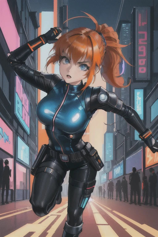 1girl ((32year old, dressed in a tight futuristic sci-fi bodysuit, utility belt, boots, medium breasts, short orange hair, pony tail styled hair, perfect model body:1.3, detailed blue eyes:1.5)) attack action, face close-up, action with impact, full body, perspective composition, exaggerated composition, perfect composition, perfect eyes, large perspective, dynamic composition, dreamy cyberpunk girl, anime cyberpunk art, digital cyberpunk - anime art, cyberpunk anime girl, digital cyberpunk anime art, cyberpunk, cyberpunk anime art, cyberpunk vibe, cyberpunk art style, background is city, neon, night