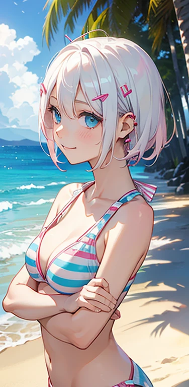 Realistic、1girl、(happy smile:1.3),(cute face:1.5),(tareme:1.3),(white hair pink hair hair gradient hair:1.3,from side),(blue eyes)、(crossed arms)、(kind eyes:1.3)、(stand),(short hair),( portrait:1.3,face focus:1.3,cowboy shot),(white striped bikini:1.3)、(small breasts),(midsummer beach:1.3)、(hairpin:1.5)