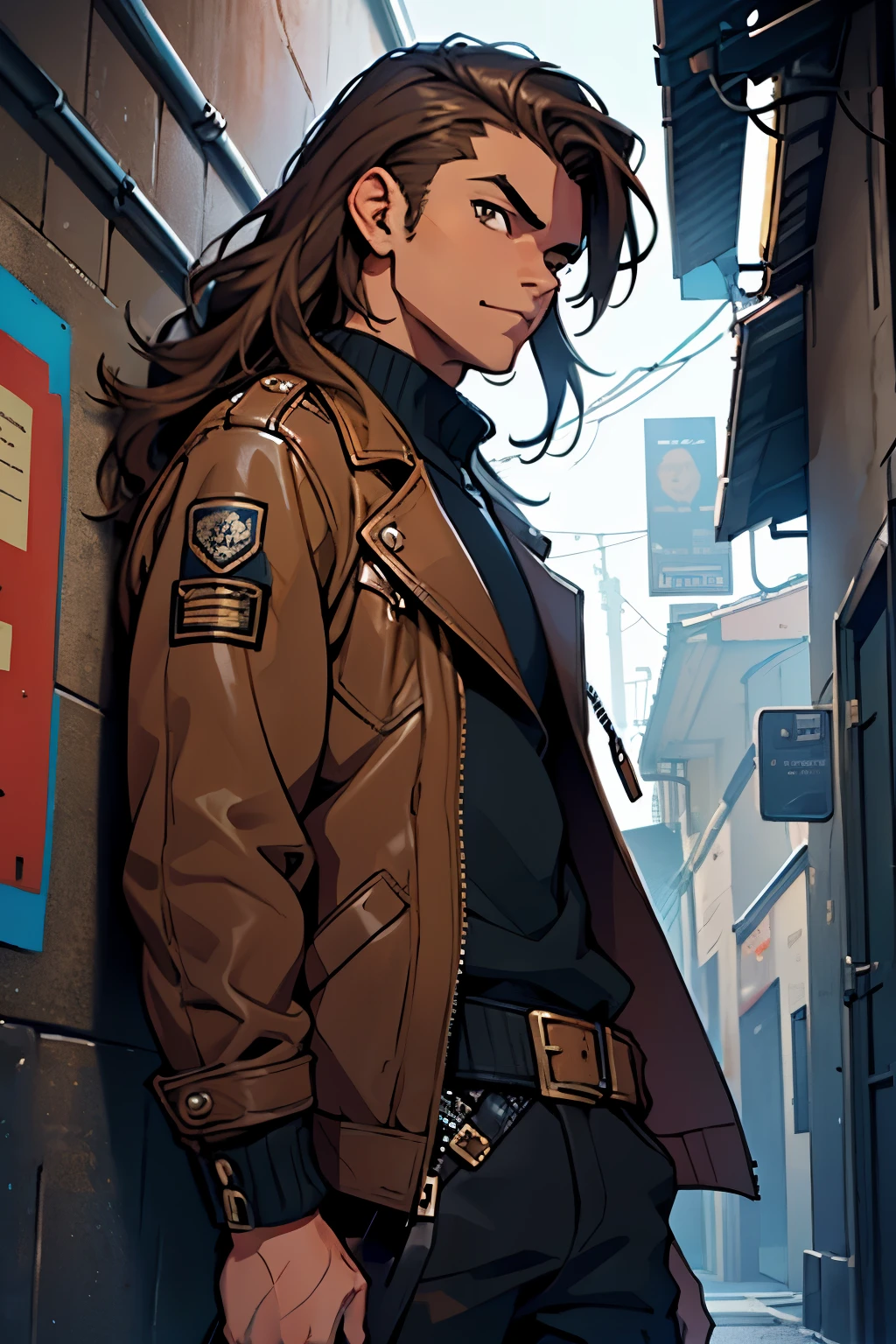 "Design a pixel art character named Miliobiro, depicting a young boy with long brown hair, brown eyes, and a medium-brown skin tone. He should be wearing a leather jacket adorned with the anarchist symbol. The character should be portrayed in a pixel art style, with attention to detail in the hair, eye color, skin tone, and jacket design. Consider adding distinctive features or accessories to enhance the character's personality. Write a brief description of Miliobiro's background or personality to accompany the artwork."