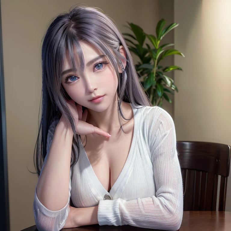 1 girl, 22 years old、cute, adorable, ((small eyes、blue crystal eyes、 rays of light enter my eyes )), light smile, (alone), ((small face)), (ponytail), thin, Warm skin tone, (Silver-gray hair with dazzling highlights、shiny bright hair, thin髪、shiny shiny hair、one eye hair、stick out one ear、delicate hair、Platinum Long Hair)、(light purple open cardigan), (white t-shirt), elevation angle, head tilt, 8K, Raw photo, highest quality, (masterpiece:1.2), (realistic:1.3),( Inside the spacious cafe), Tea cup, Foliage plant, table, sitting by the window, small head, ,full body female, dream-like, dream-like, elevation angle, Floating, golden hour lighting, sharp focus, intricate details, ((big bust:1.2、pointed bust 1.2))、((perfect hair、perfect arms、 perfect fingers、 perfect feet、 perfect arms、 perfect nose、perfect face、 perfect eyes、 perfect mouth ))、Best Position、best quality、Best Balance、Nice balance、nice body line))、