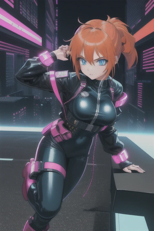 1girl ((32year old, dressed in a tight blue futuristic bodysuit, cleavage, utility belt, armor, boots, medium breasts, short orange hair, pony tail styled hair, slim and athletic body:1.3, detailed blue eyes:1.5)) attack action, action with impact, full body, perspective composition, exaggerated composition, perfect composition, perfect eyes, large perspective, dynamic composition, dreamy cyberpunk girl, anime cyberpunk art, digital cyberpunk - anime art, cyberpunk anime girl, digital cyberpunk anime art, cyberpunk, cyberpunk anime art, cyberpunk vibe, cyberpunk art style, background is city, neon, night
