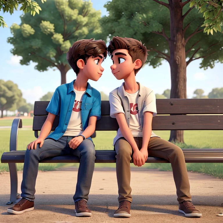 Two 18 year old men sitting on a metal bench in a park, en una vista de frente, holding hands and kissing