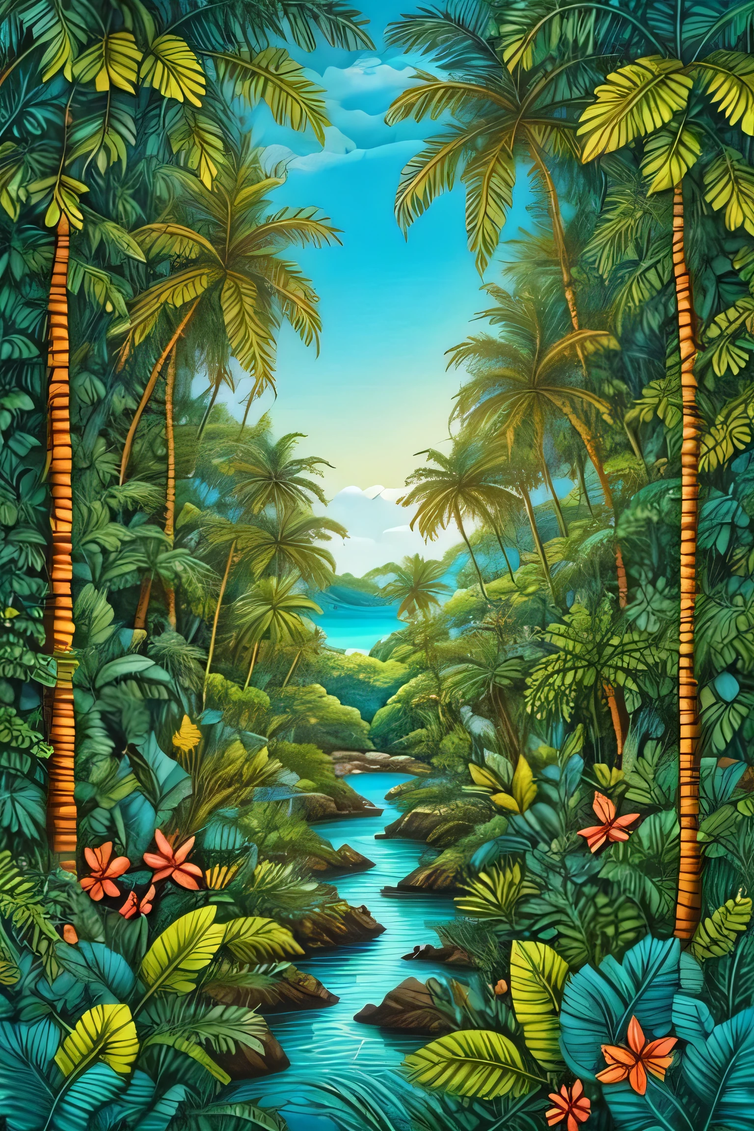 Beautiful hyper-realistic and super-detailed masterpiece that shows the vegetation of a tropical jungle with exotic, large-leaved plants,