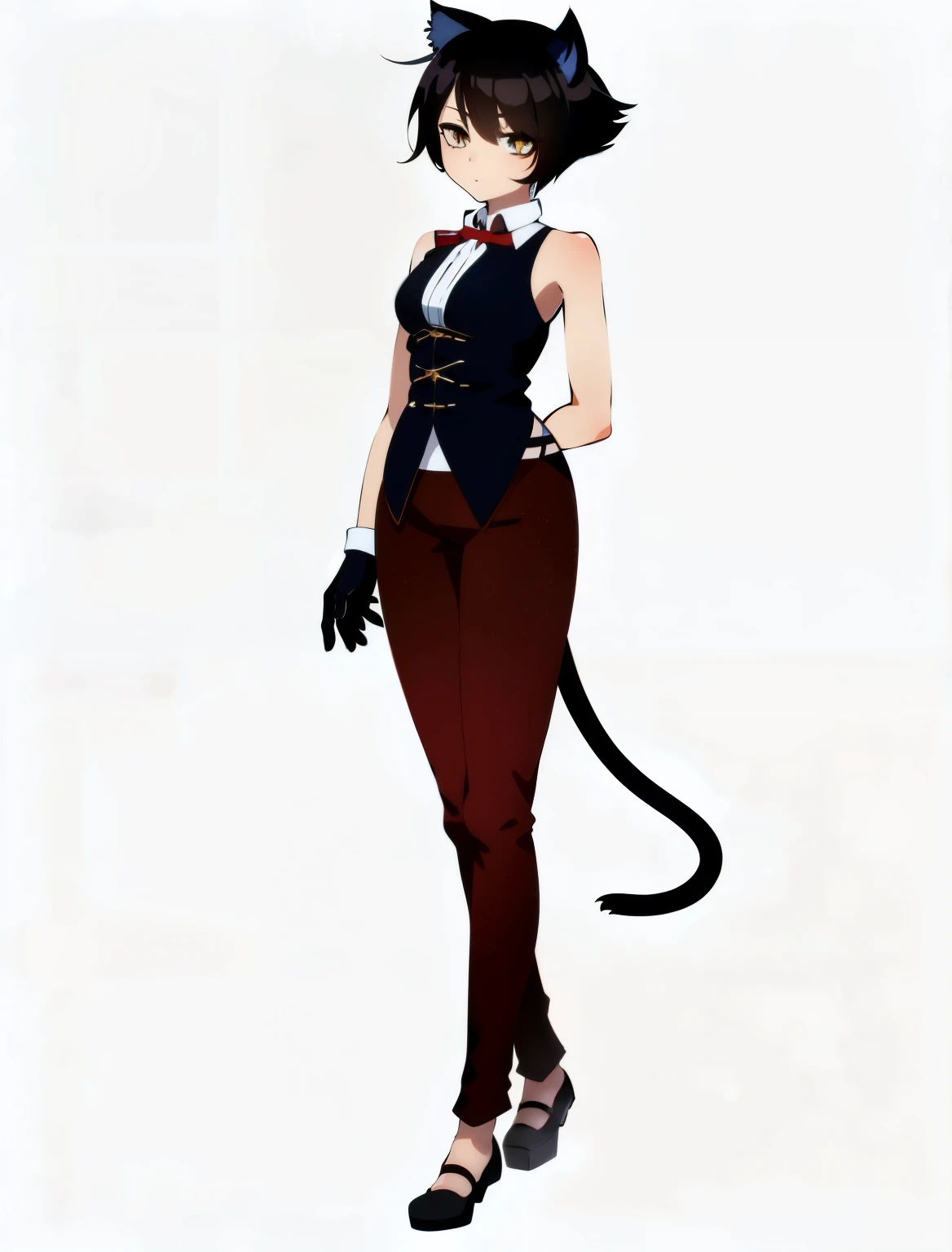 Female anime character with a cat tail and a black top, full body adoptable, single character full body, full body with costume, !!full body portrait!!, anime cat girl, anime girl with cat ears, Characters that can be adopted, full body!, charming cat girl, anthropomorphic female cat, Attractive androgynous humanoid, anime full body illustration　do the finishing touches　Improve quality　