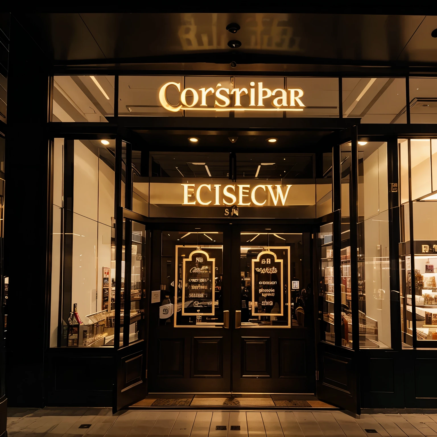 Store logo with the name Soteynik in gold and black neon letters on glass 