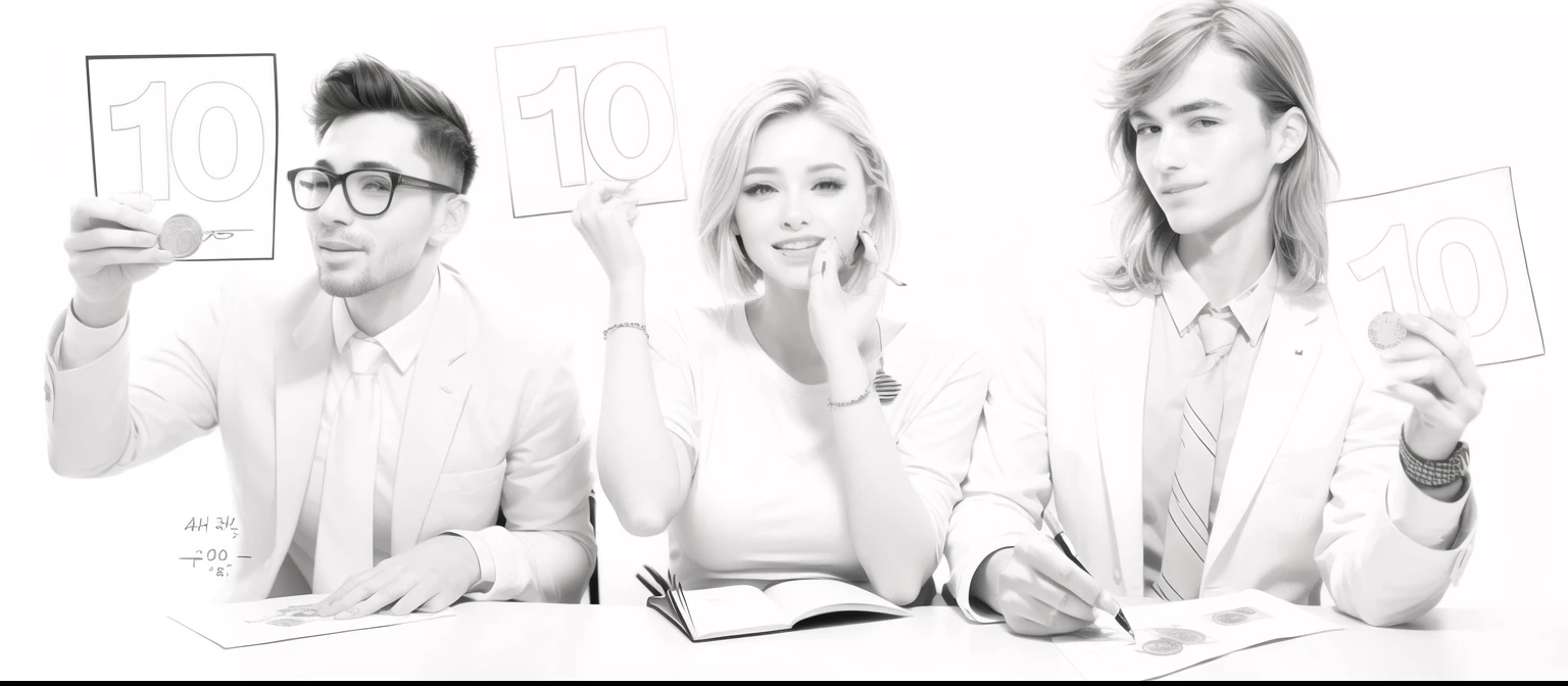 1) It should be in a sketchy style, similar to hand-drawn illustrations, in black and white
2) There must be 3 people (2 males and 1 female, all people in the age between 25 - 45 years)

3) They should have a direct eye contact with the viewer.

4) They should be smiling and appear happy.

5) Instead of notebooks add money, i.e. banknotes, coins

6) Instead of 10, write TAK (in neon blue color code #00BFFF)

7) With background color F5F5F5