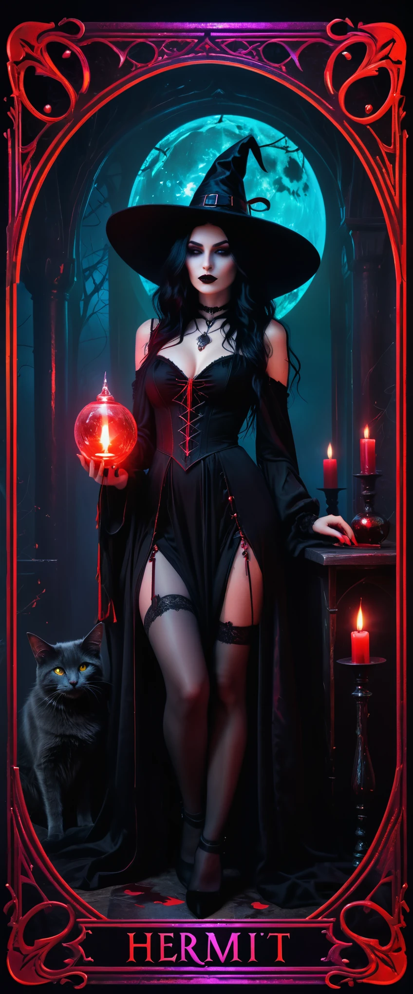 Tarot cards, Sexy witch, Gothic style, mysterious with dark neon and holographic colors, bloody red card border, the word Hermit inscription detailed, 8k