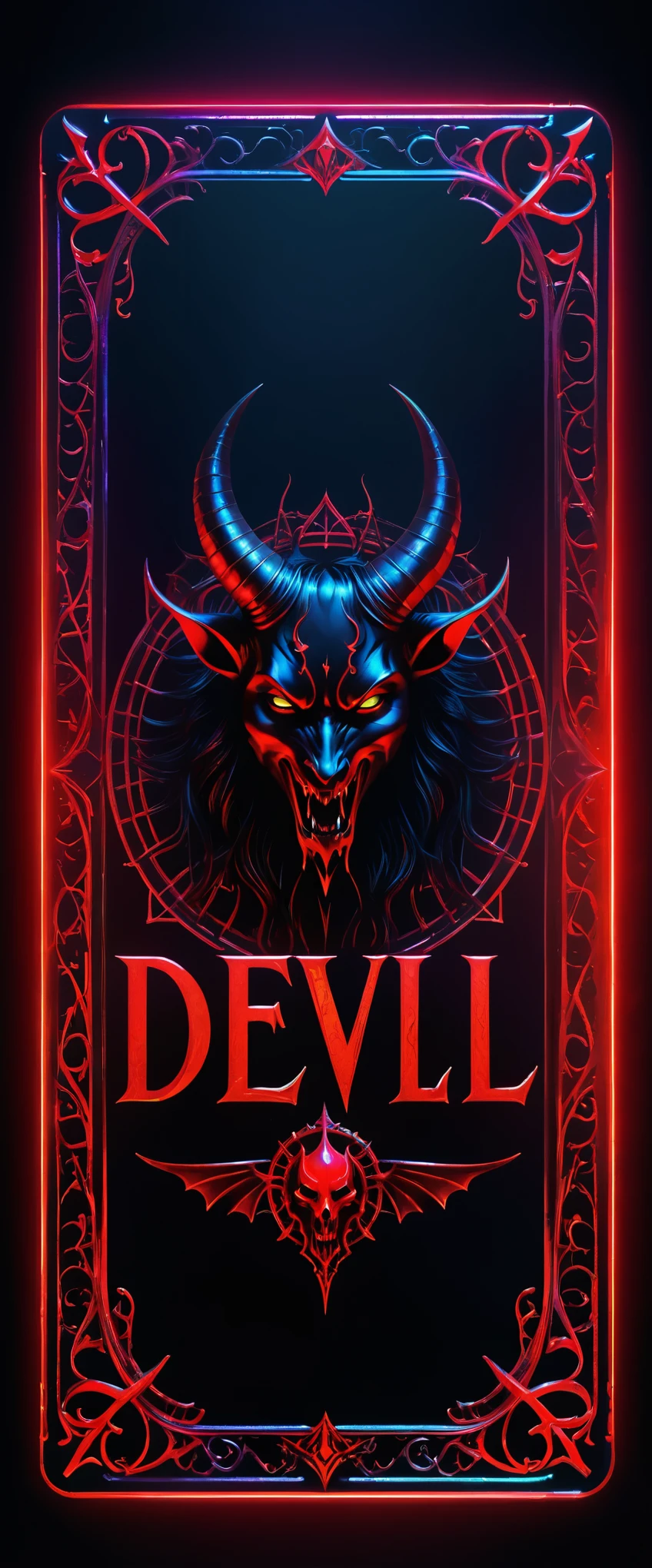 Tarot cards, Lucifier, Gothic style, mysterious with dark neon and holographic colors, bloody red card border, the word DEVIL inscription detailed, 8k