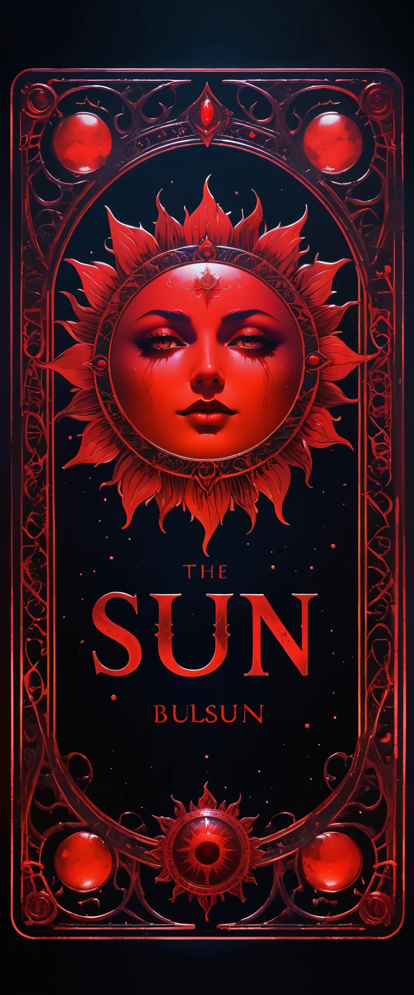 Tarot cards, Red sun, Gothic style, mysterious with dark neon and holographic colors, bloody red card border, the word SUN inscription detailed, 8k