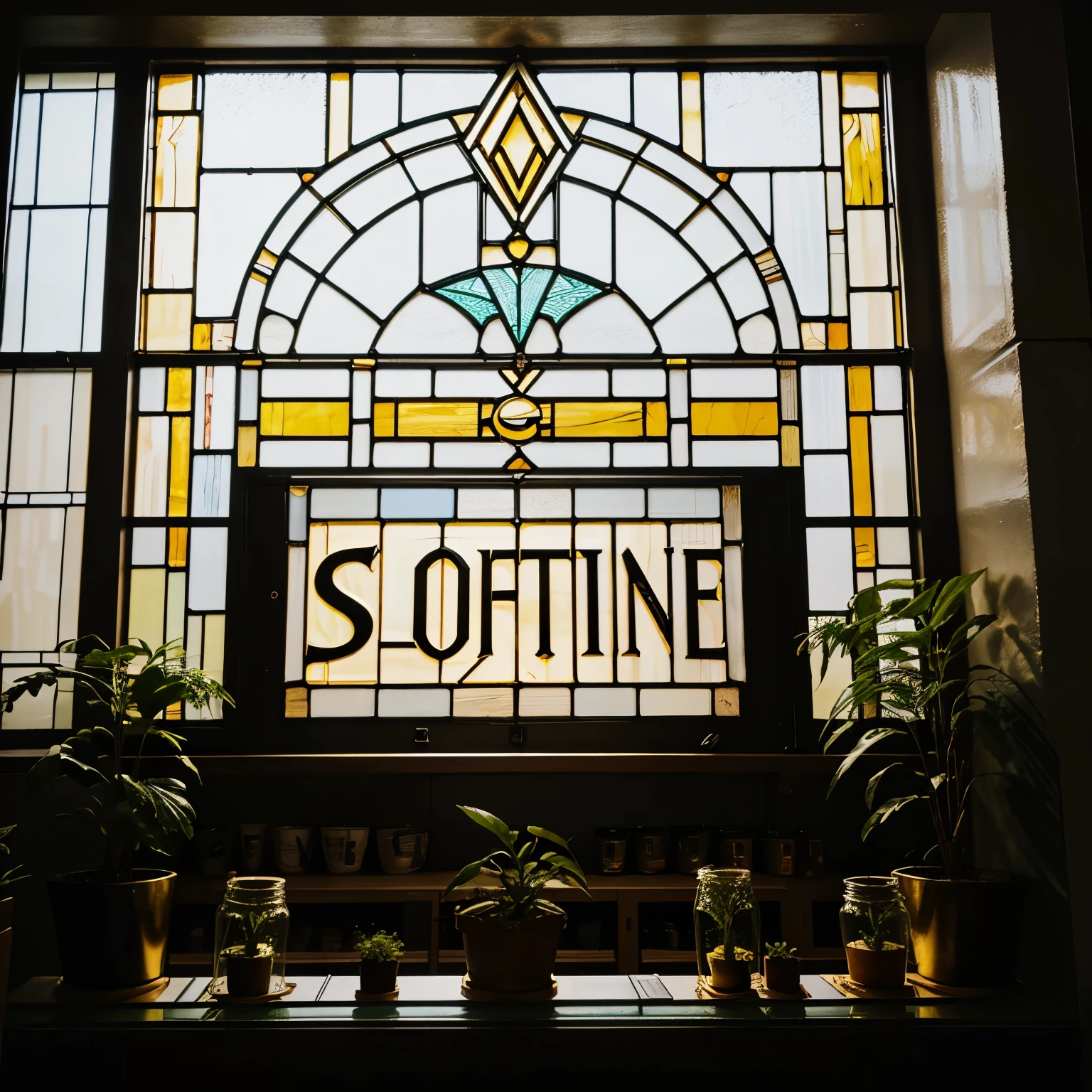 Store logo with the name Soteynik in gold and black neon letters on glass , dishes behind the stained glass windows and a lot of plants in the store