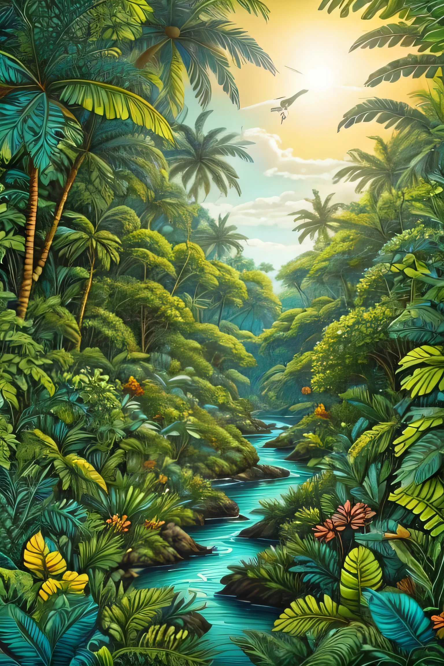 Beautiful hyper-realistic and super-detailed masterpiece that shows the vegetation of a tropical jungle with exotic, large-leaved plants,