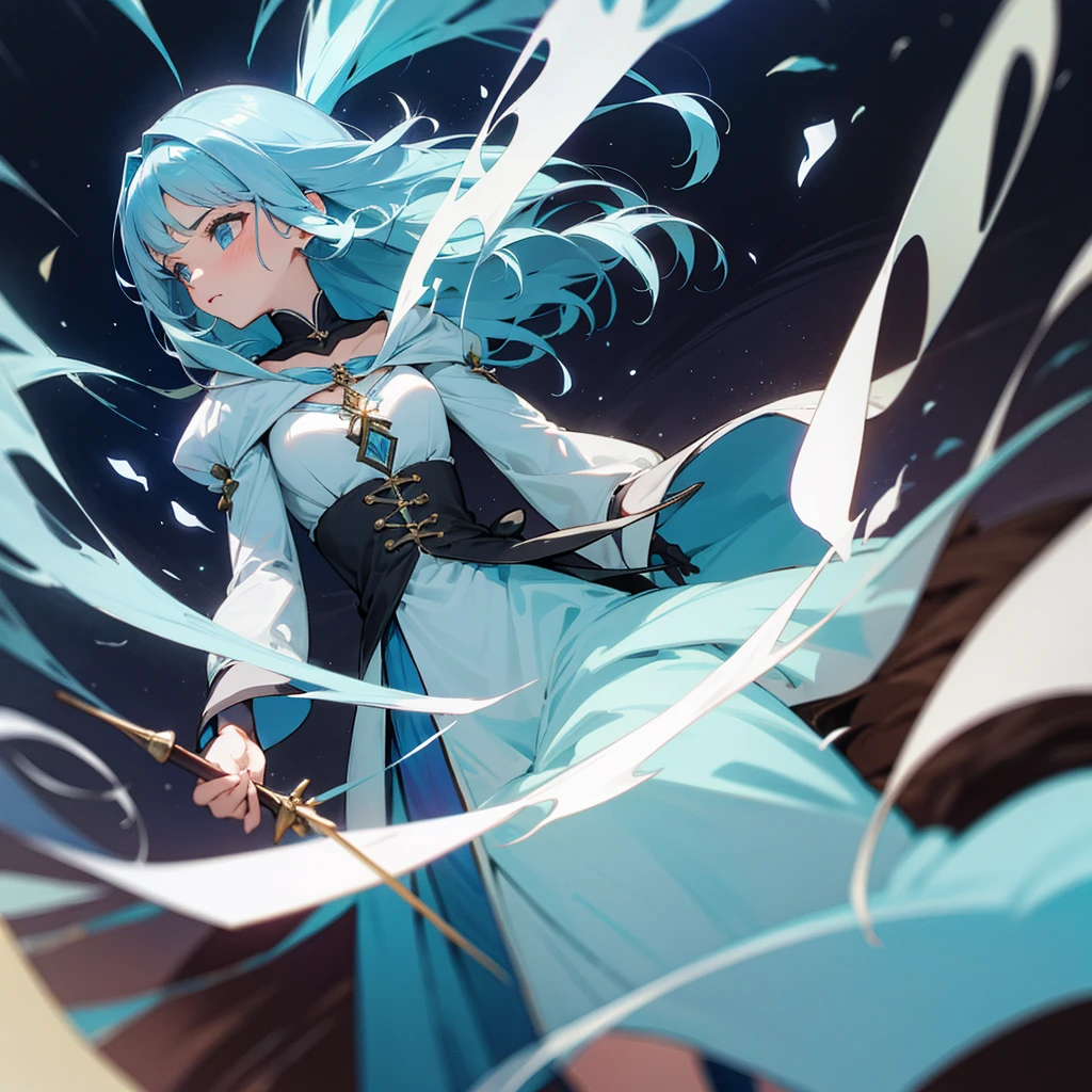Garota de cabelo azul e roupa branca usando magia roxa