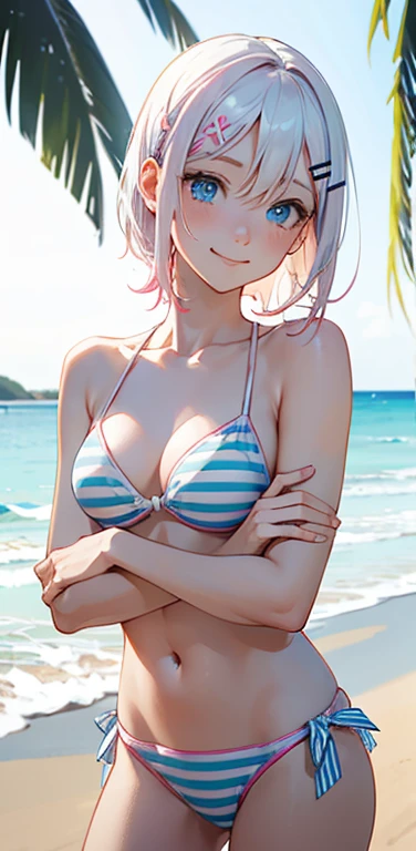 Realistic、1girl、(happy　smile：1.3),(cute face:1.5),(tareme:1.3),(white hair pink hair hair gradient hair:1.3,from behind),(blue eyes)、(crossed arms)、(kind eyes:1.3)、(stand),(short hair),( portrait:1.3,face focus:1.3,cowboy shot),(white striped bikini:1.3)、(small breasts),(midsummer beach:1.3)、(hairpin:1.5)
