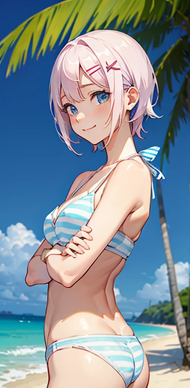 Realistic、1girl、(happy　smile：1.3),(cute face:1.5),(tareme:1.3),(white hair pink hair hair gradient hair:1.3,from behind),(blue eyes)、(crossed arms)、(kind eyes:1.3)、(stand),(short hair),( portrait:1.3,face focus:1.3,cowboy shot),(white striped bikini:1.3)、(small breasts),(midsummer beach:1.3)、(hairpin:1.5)
