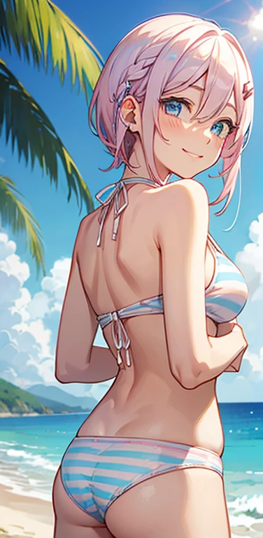 Realistic、1girl、(happy smile:1.3),(cute face:1.5),(tareme:1.3),(white hair pink hair hair gradient hair:1.3,from behind),(blue eyes)、(crossed arms)、(kind eyes:1.3)、(stand),(short hair),( portrait:1.3,face focus:1.3,cowboy shot),(white striped bikini:1.3)、(small breasts),(midsummer beach:1.3)、(hairpin:1.5)