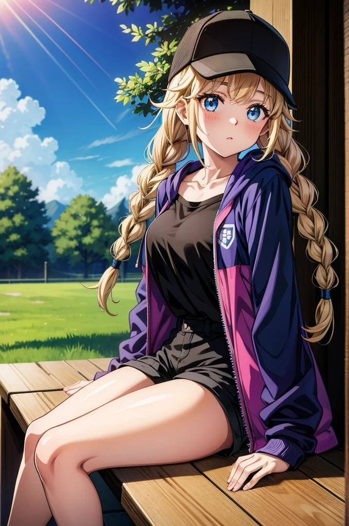 a female anime character sitting on a bench in the woods wearing a black jacket with a purple cap, 1girl, solo, hat, blue eyes, long hair, braid, blonde hair, outdoors, baseball cap, twin braids, shorts, sitting, jacket, sky, looking at viewer, day, black headwear, black shorts, tree, blush, blue sky, breasts, collarbone, sunlight