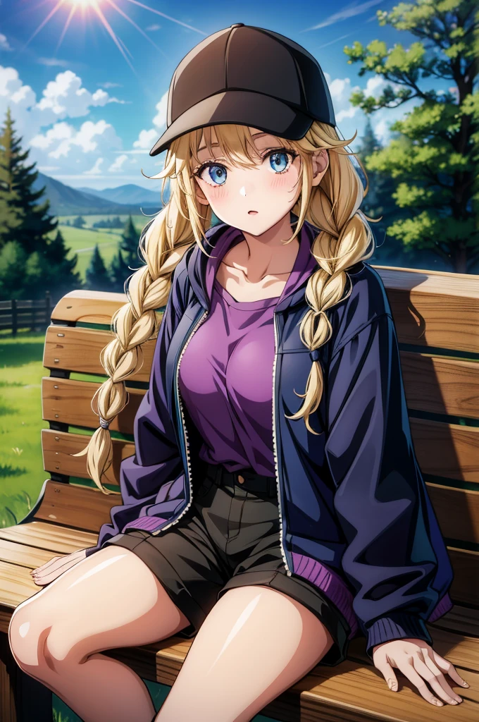 a female anime character sitting on a bench in the woods wearing a black jacket with a purple cap, 1girl, solo, hat, blue eyes, long hair, braid, blonde hair, outdoors, baseball cap, twin braids, shorts, sitting, jacket, sky, looking at viewer, day, black headwear, black shorts, tree, blush, blue sky, breasts, collarbone, sunlight