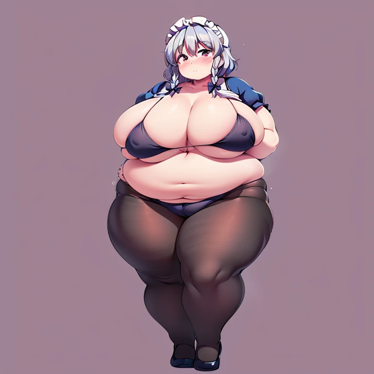 1girl, top-heavy figure, ((((incredibly big chest)))), ((((big tits)))), (((saggy chest))), plump, incredibly plump, (big belly), pout, embarassed, wide, (((obese))), (((fat))), ((love handles)), double chin, out of shape, obese, fatty, shortstack, short woman, (((big bossom))), (milf), small height, mature, standing, full body, bbw, ssbbw,  Sakuya Iazyoi (Touhou), silver short hair, black bikini, pantyhose