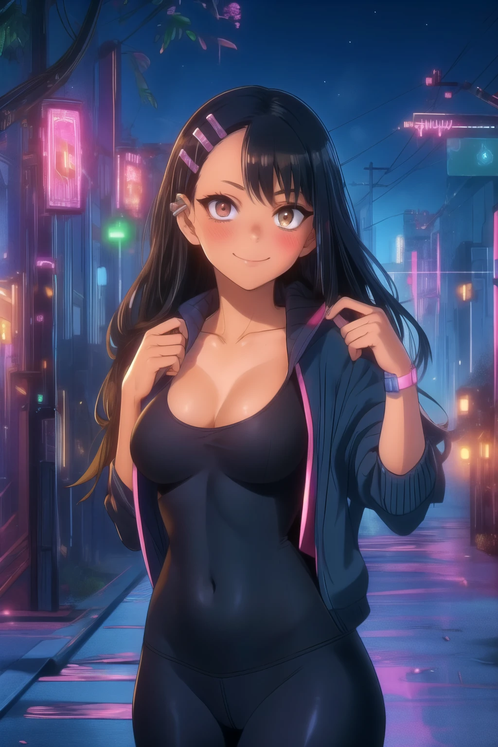 ((masterpiece)),(best quality),official art,extremely detailed CG,unity 8k wallpaper,ultra detailed,beautiful detailed eyes,extremely detailed face,outdoors,1girl,solo,upper body,(portrait:1.5),looking at viewer,facing viewer,cute smile,black hair,long hair,hairclip,earclip,asymmetrical bangs,old town,night time,moon,neon lightsbrown eyes,blush,tan,collarbone,full body pose,cowboy shot,yoga pants,show tits, show ass