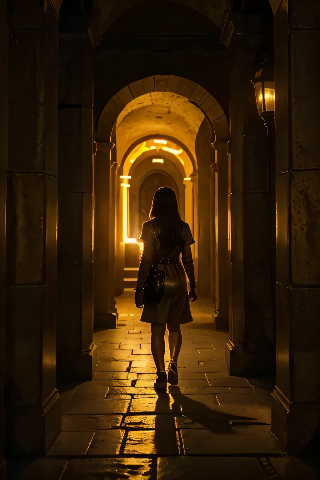 small adult woman walk alone in dark ancient underground gargantuan very long city and have light from only torch on wall with golden gargantuan closed door, mysterious symbols to the walls, high details, realistic, movie scene ((
The best quality)), ((Masterpiece)), (details), perfect face