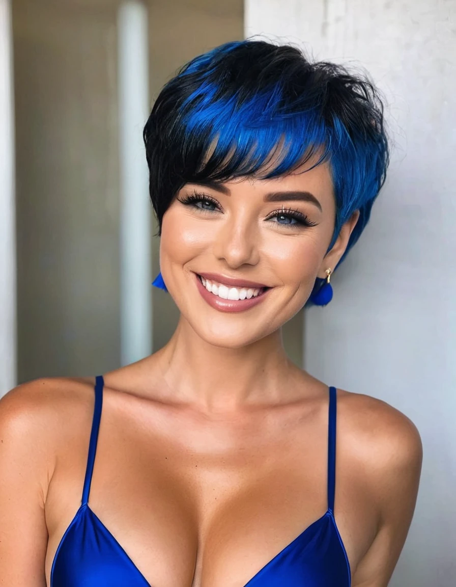 Bright blue color short hair hairstyle、A beautiful face with a cute smile and well-defined features、F cup sexy body、black sexy swimsuit