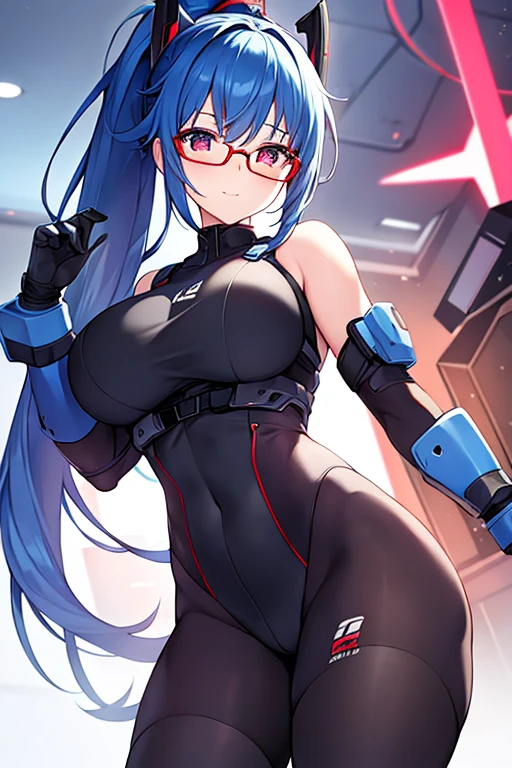 1girl, robot girl, robot, large breasts, breasts, thick thighs, blue hair, long ponytail, ponytail, light smile, happy, red glasses, glasses, eyewear, red eyes, bodysuit, black bodysuit, futuristic, science-fiction, machinery, tech, hands down, ((hands down)), arms down, ((arms down)), standing,
