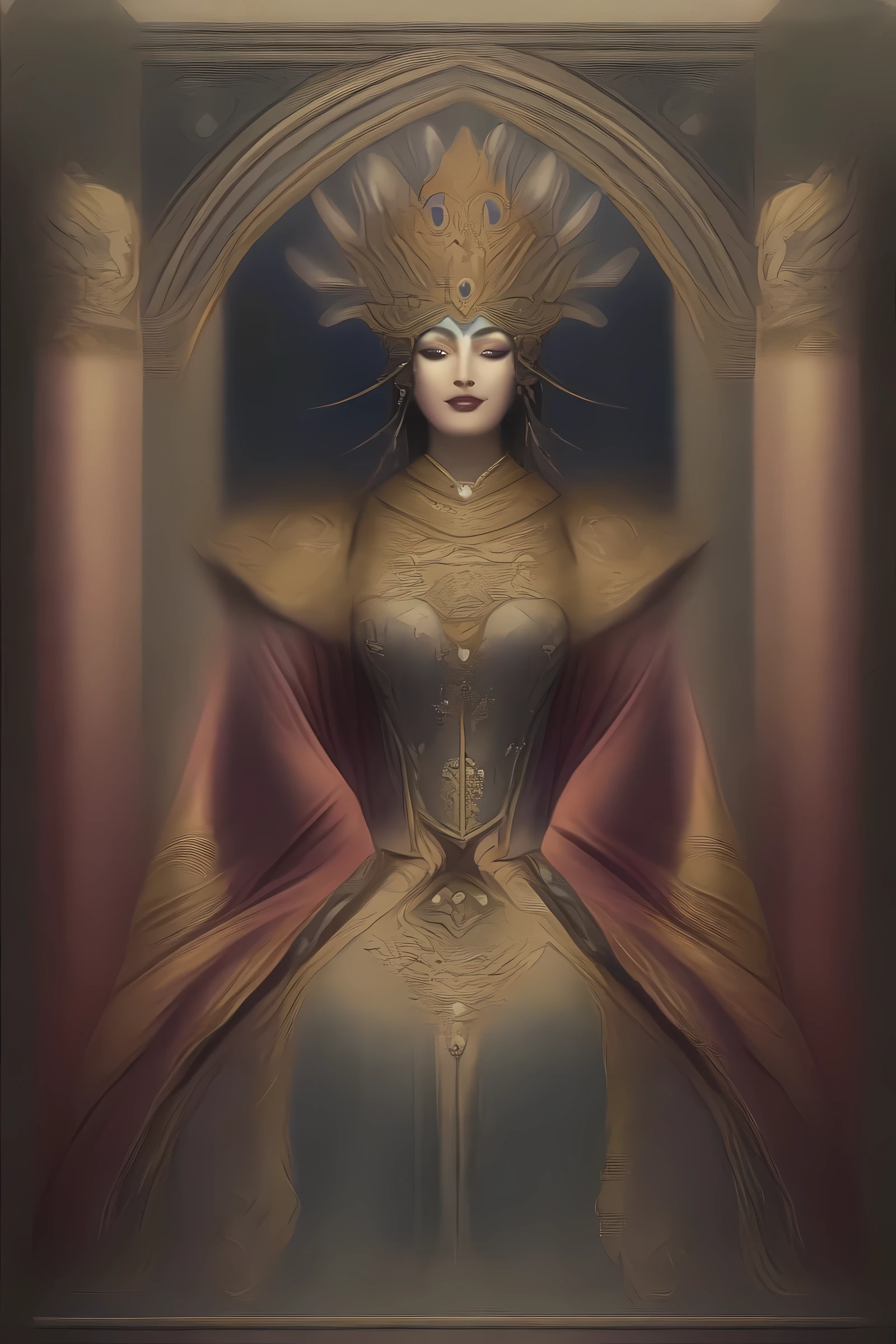 masterpiece, best quality, very aesthetic, absurdres, mature female, award winning illustration of the empress, extremely detailed, highly detailed portrait, full body shot, Tarot Card Style