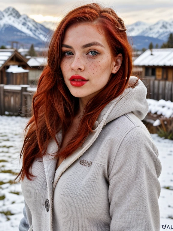 There is a woman with red hair and a white snowsuit, with red hair and green eyes, red-haired girl, cute young red-haired girl, red-haired girl, roter Kopf, mit lockigen roten Haaren, beautiful young model, sie ist rothaarig, Girl with red hair, eine rothaarige junge Frau, flowing reddish-brown hair, red-haired goddess, in den Bergen, Girl on skis