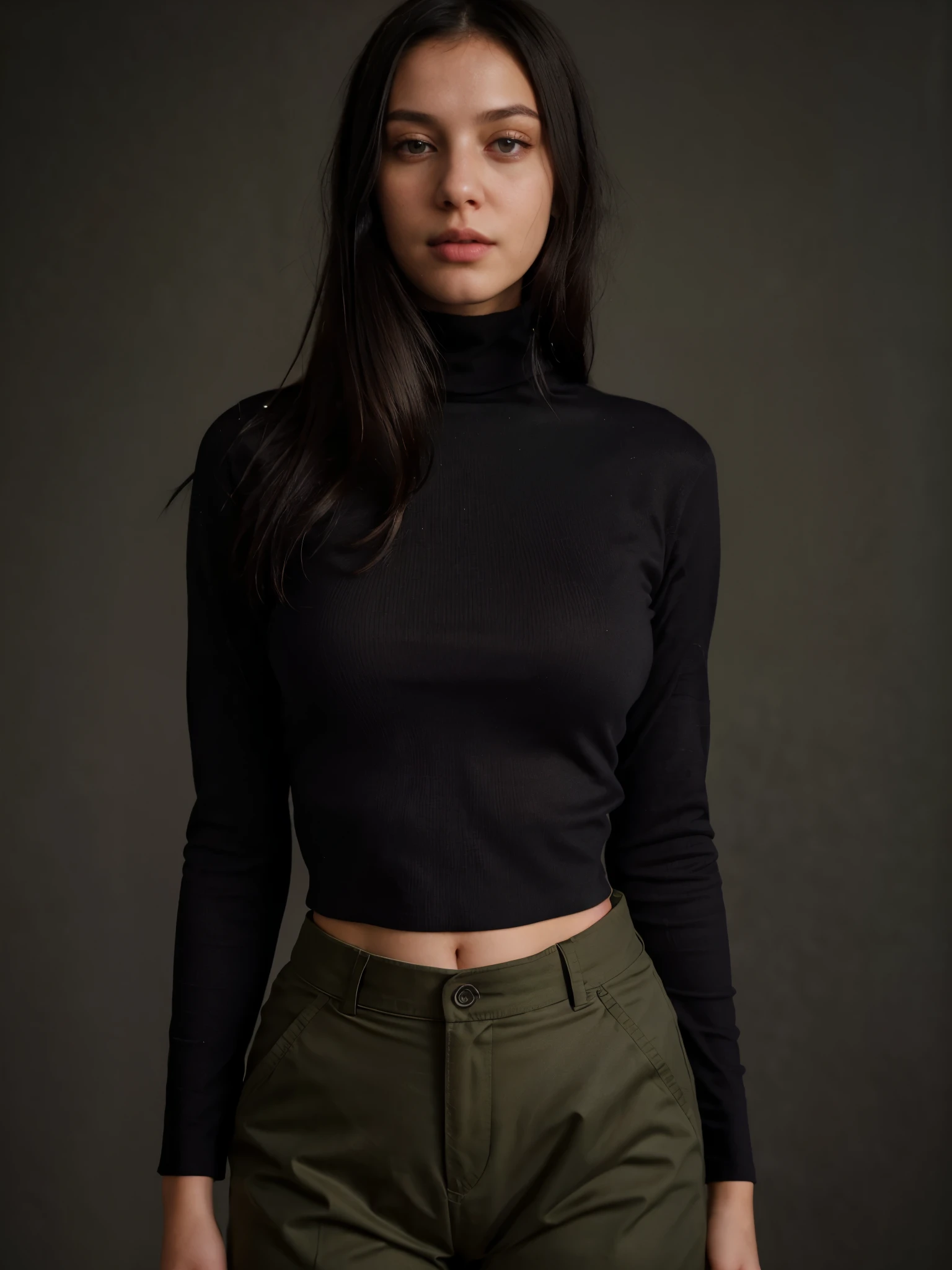 A stunning intricate full color portrait of (sks woman:1), wearing a black turtleneck with cropped in the belly part, cropped turtleneck, wearing olive green cargo pants, dark gray plain background, epic character composition, by ilya kuvshinov, alessio albi, nina masic, sharp focus, natural lighting, subsurface scattering, f1.8, 35mm, film grain, black bob hair, (((black hair))), side bang,