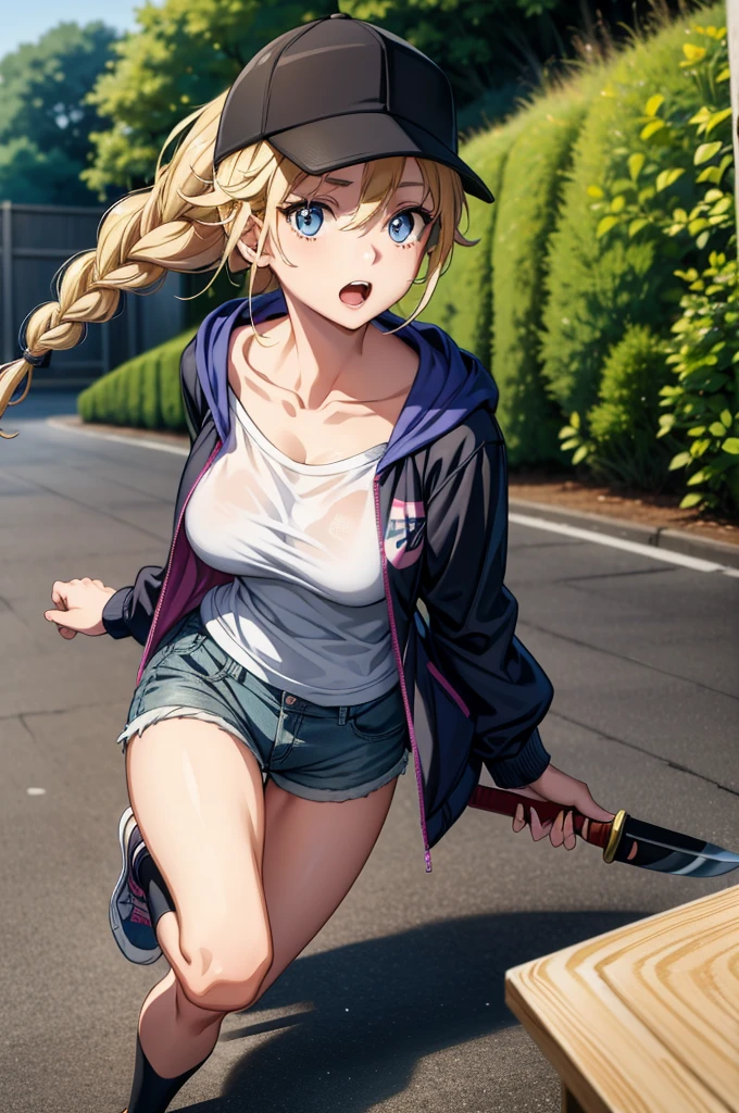 the image of a naked female running with a knife in one hand, 1girl, baseball cap, hat, shorts, solo, blonde hair, outdoors, braid, blue eyes, open mouth, long hair, jacket, black headwear, breasts, shirt, open clothes, looking at viewer, shoes, hood, day, collarbone, short shorts