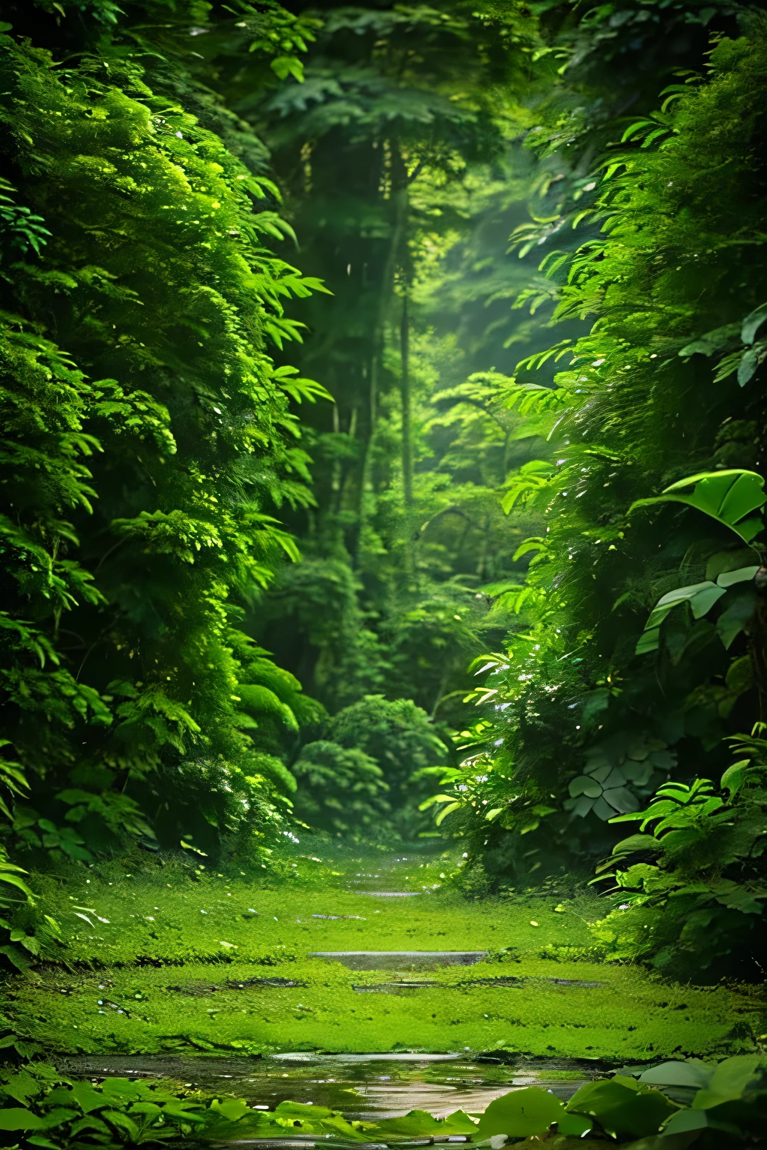 Beautiful hyper-realistic and super-detailed masterpiece that shows the vegetation of a tropical jungle with exotic, large-leaved plants,
