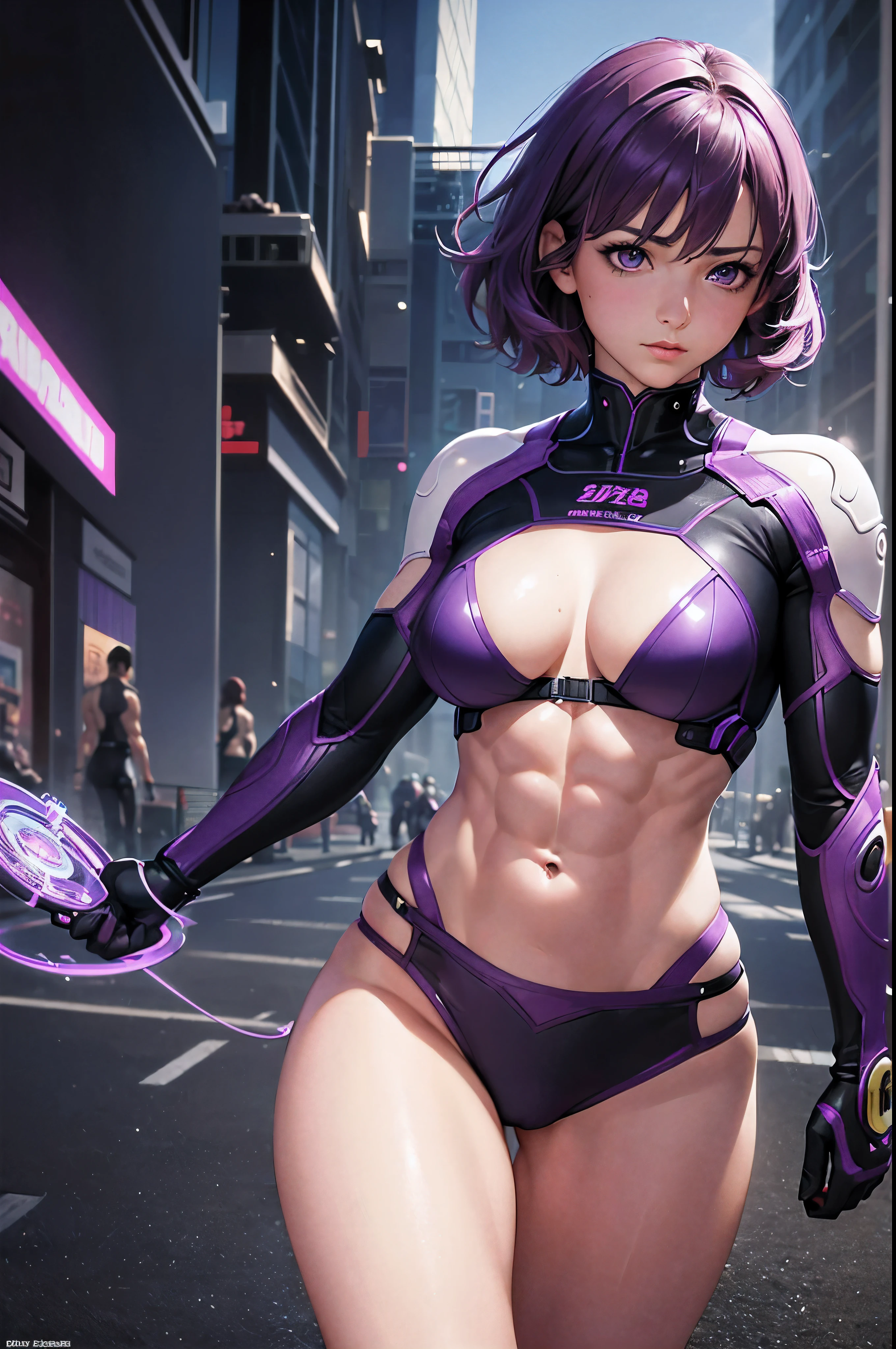 (realistic: 1.4), highest quality, very delicate and beautiful, High resolution, masterpiece, highest quality, 1girl, purple eyes, purple hair, medium breasts, (short Hair:1.3), , (abs:1.2), (muscular:1.1), cyber punk suits, wavy hair, Magic Circle, running, neon, clothed in light