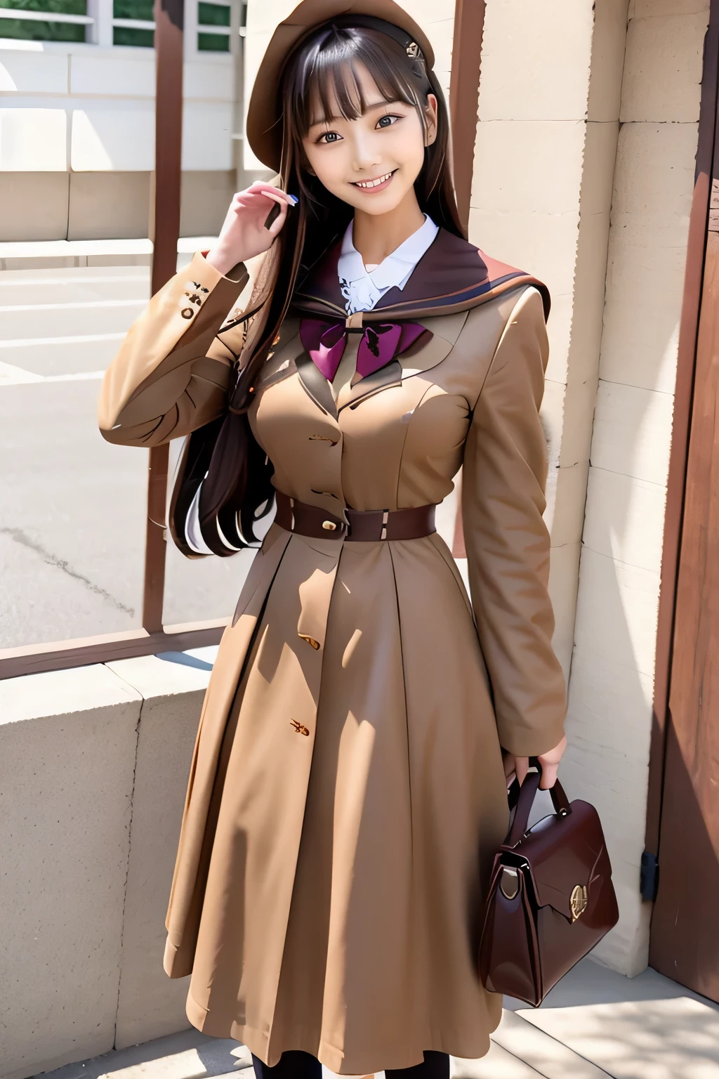 A woman in her 40s posing for a photo in a beige coat and skirt, magical school student uniform, magic , loose coat collar sailor suit, wearing a detailed steampunk dress, wearing a brown cloak, sakimichan, JK uniform, astral witch clothes, seifuku, magic uniform university, with cloak, Imperial royal elegant clothes, Victorian style costume, high quality, High quality photos, look at viewer