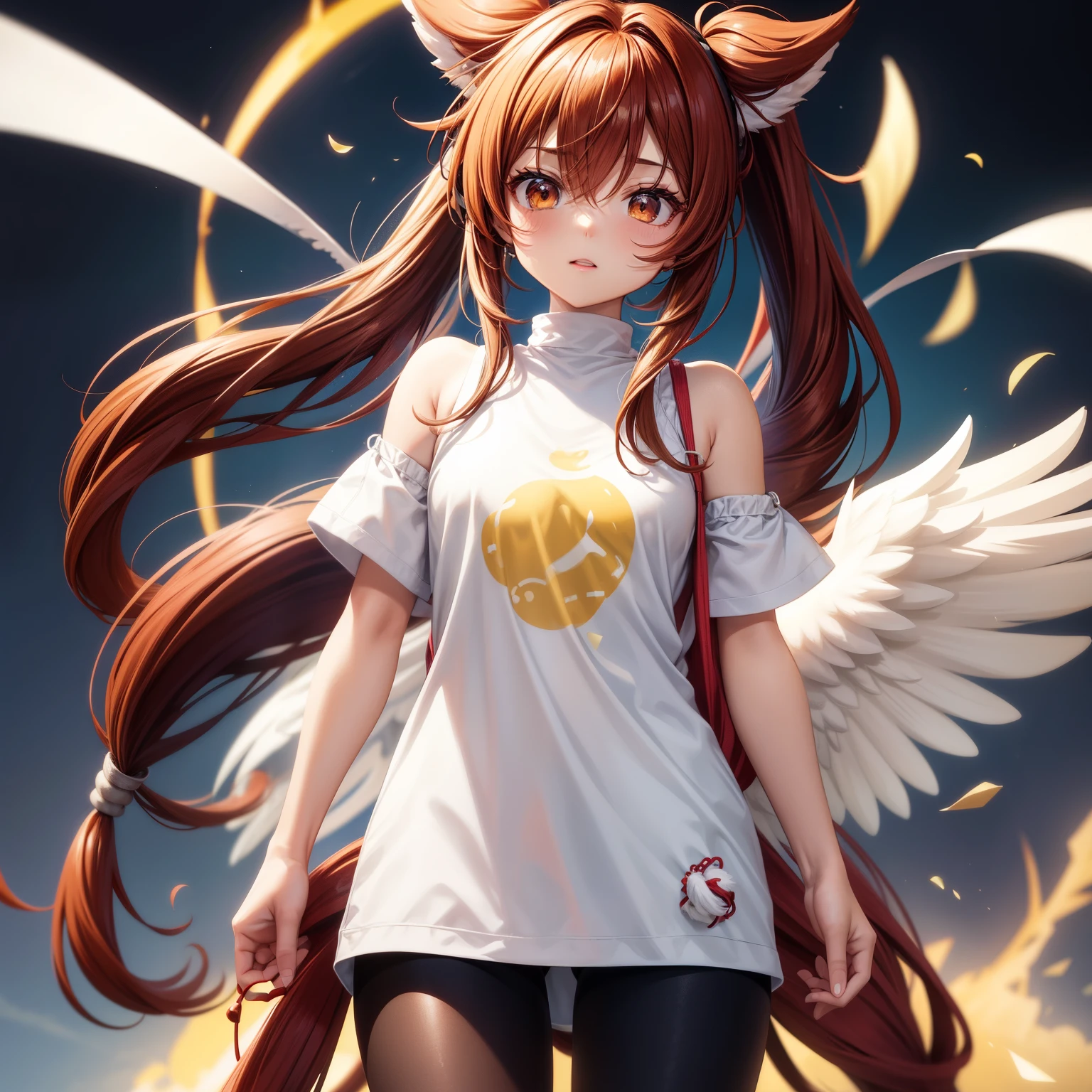 Anime Chibi figurine.wearing a long white t-shirt.With a fluffy tail and little angel wings.Her hair is in two ponytails. The girl has one black eye, and the other is bright red. And on his shoulders he has red headphones. The girl has long white leggings on her legs. Ocher or light brown hair.And several strands are colored light yellow.