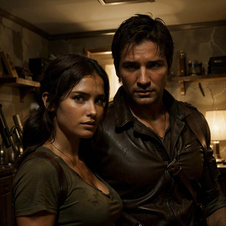 Nathan Drake et Lara Croft qui courent, armes en mains, dans un décor apocalyptique, visage parfait, best quality