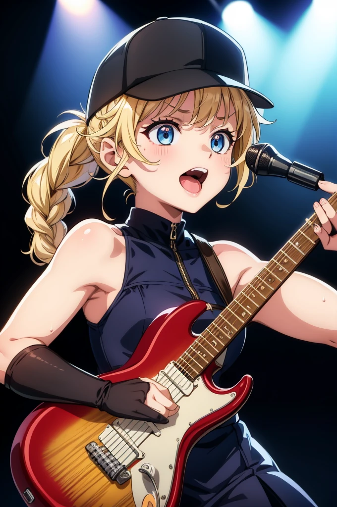 tanned skin, ((sharp eyes)), xinyan, twintails, (masterpiece), (high quality), detailed face, on a stage, (rock concert), beam lights, colorful stage lights, (playing the electric guitar, holding a electric guitar), screaming, (singing), sweat, colorful, ((focus on girl)), add_detail:2, (depth of field, ambient lighting, blurry foreground, blurry background), atmospheric, intricate details, enhanced lighting, volumetric lighting, strong shadow, (motion lines), ((dynamic pose)), dynamic angle, (public's pov),more_details:-1, more_details:0, more_details:0.5, more_details:1, more_details:1.5,Eiko Tsukimi, blue eyes, braid, twin braid, (((blonde hair))), long hair,baseball cap