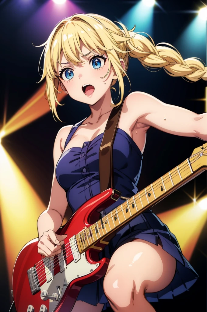 tanned skin, ((sharp eyes)), xinyan, twintails, (masterpiece), (high quality), detailed face, on a stage, (rock concert), beam lights, colorful stage lights, (playing the electric guitar, holding a electric guitar), screaming, (singing), sweat, colorful, ((focus on girl)), add_detail:2, (depth of field, ambient lighting, blurry foreground, blurry background), atmospheric, intricate details, enhanced lighting, volumetric lighting, strong shadow, (motion lines), ((dynamic pose)), dynamic angle, (public's pov),more_details:-1, more_details:0, more_details:0.5, more_details:1, more_details:1.5,Eiko Tsukimi, blue eyes, braid, twin braid, (((blonde hair))), long hair,baseball cap