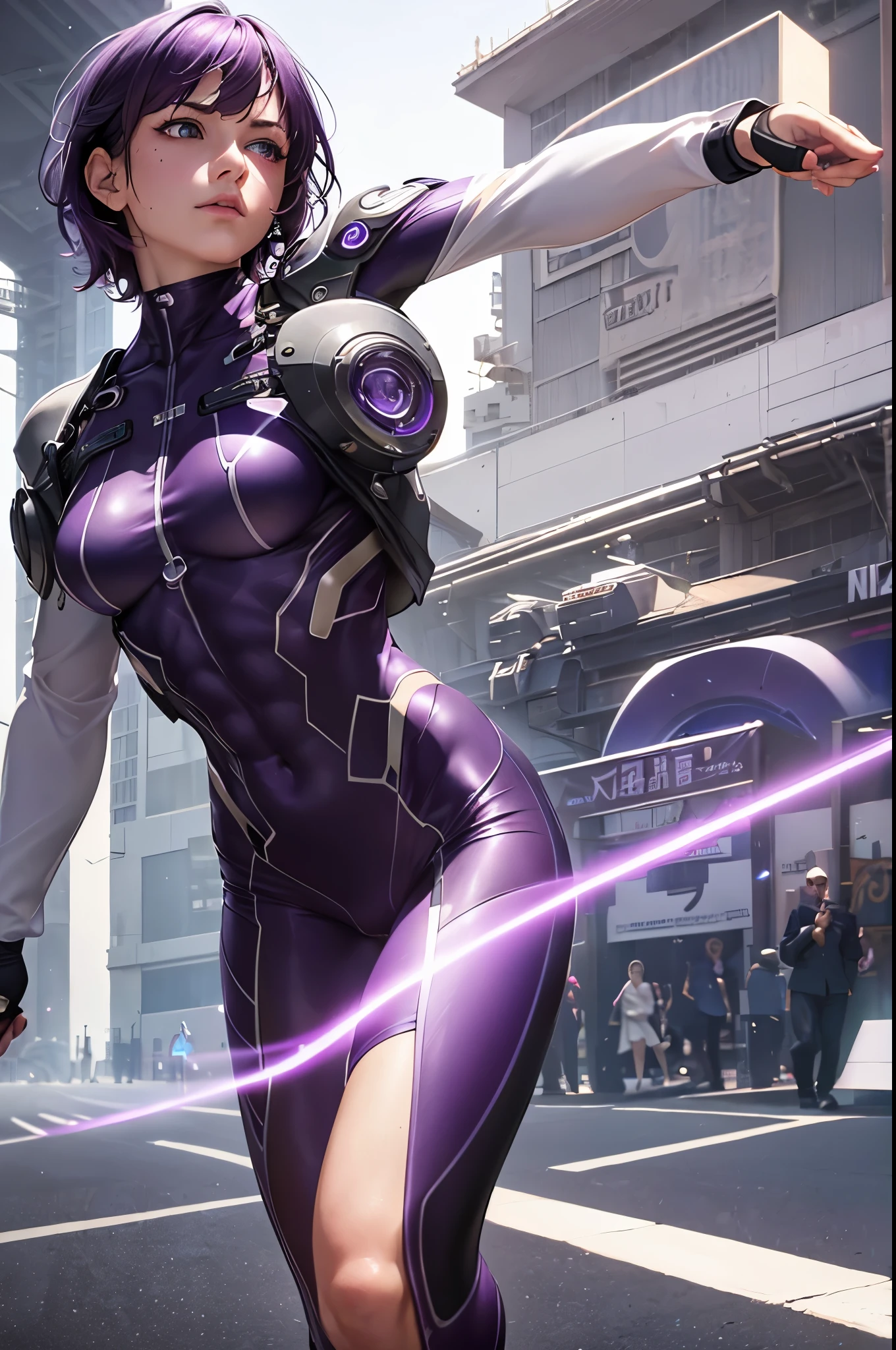 (realistic: 1.4), highest quality, very delicate and beautiful, High resolution, masterpiece, highest quality, 1girl, purple eyes, purple hair, medium breasts, (short Hair:1.3), , (abs:1.2), (muscular:1.1), cyber punk suits, wavy hair, Magic Circle, (running:1.3), neon, (clothed in light:1.5)