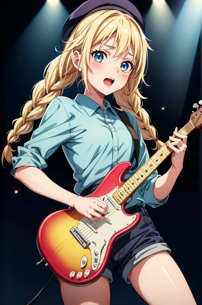 a girl holding a guitar while in standing position on stage in a spotlight, 1girl, instrument, blue eyes, music, blonde hair, guitar, hat, solo, braid, shorts, open mouth, playing instrument, electric guitar, long hair, stage lights, twin braids, looking at viewer, holding, holding instrument, blush